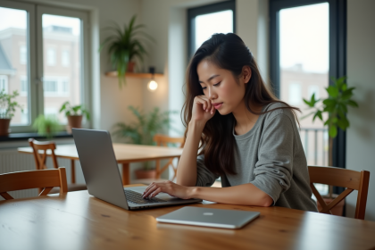 Jeune femme au bureau avec ordinateur et tablette