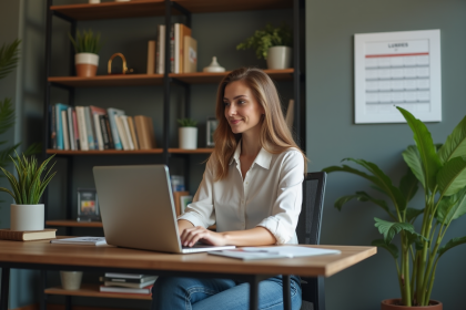 Femme au bureau moderne souriante et organisée