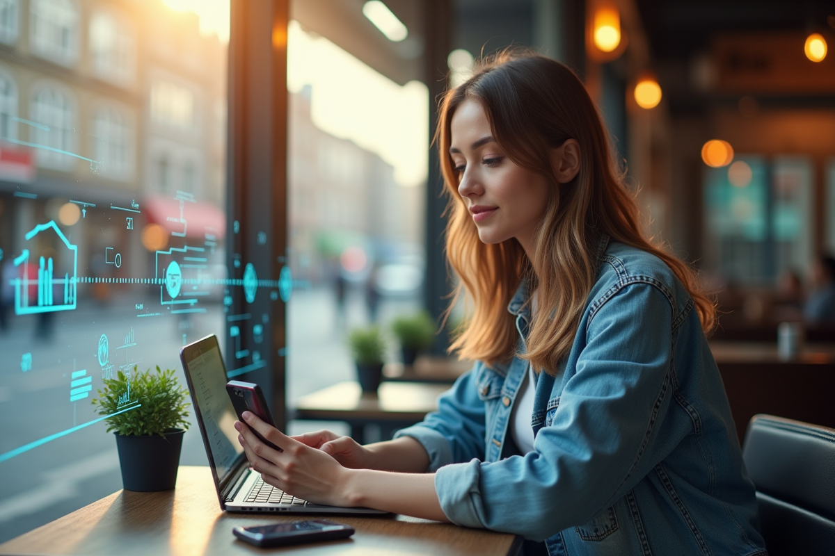 Jeune femme au café avec ordinateur et graphiques numériques