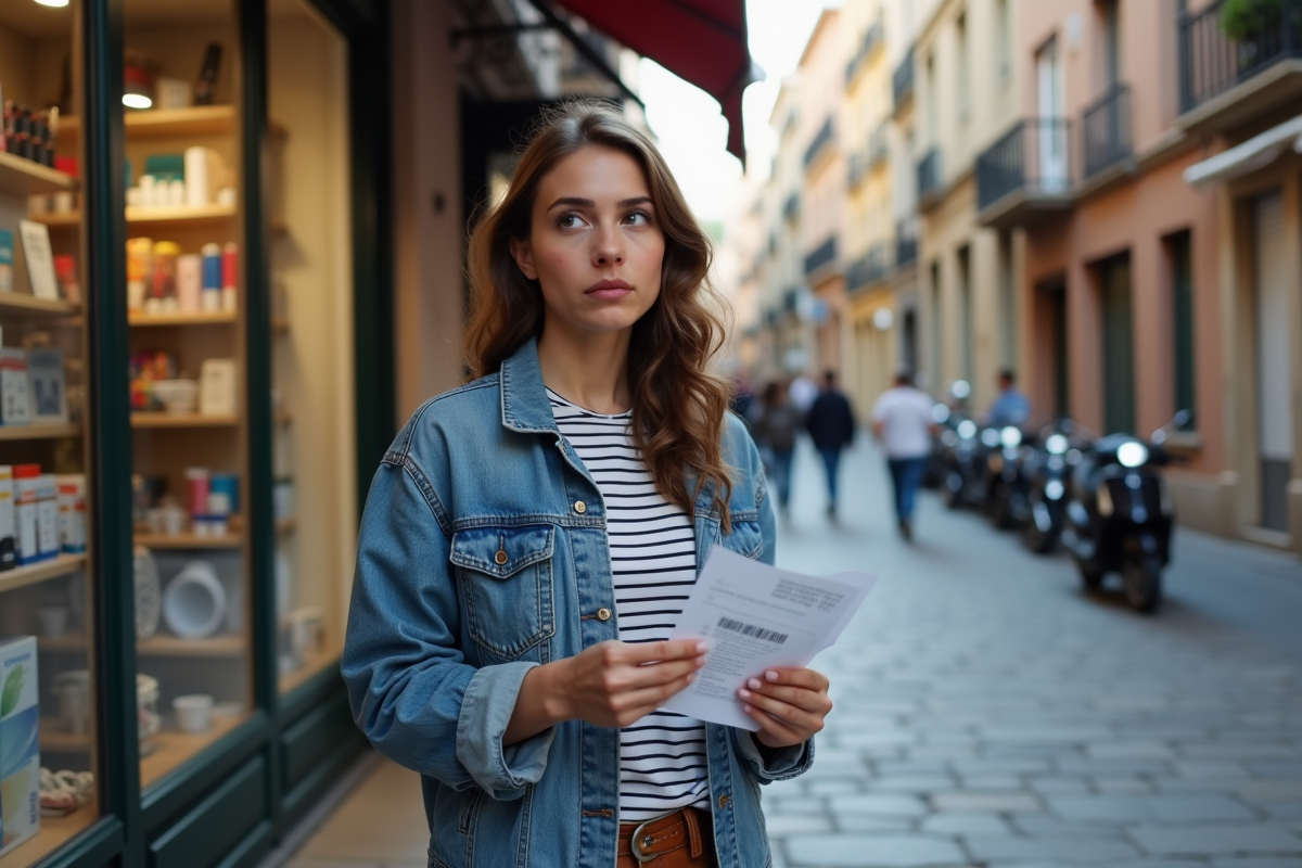 Jeune femme avec cartouche et reçu devant boutique