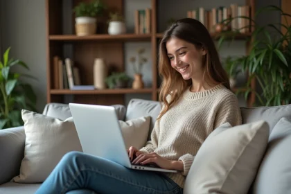 Jeune femme détendue sur un canapé avec un ordinateur portable