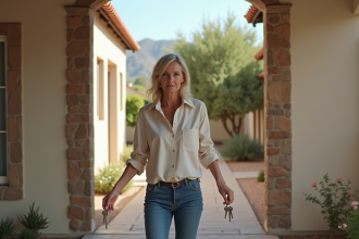 Femme tenant des clés devant deux maisons françaises