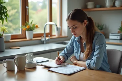 Jeune femme convertissant des poids dans une cuisine moderne