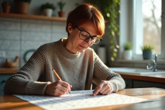 Femme d'âge moyen résolvant un crossword à la maison