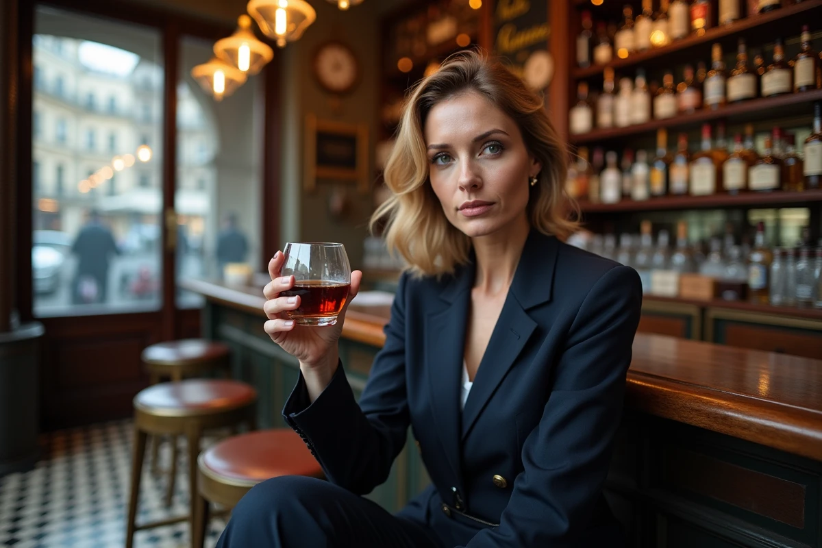 Femme dégustant un rhum d'exception dans une civette bar-tabac à Paris