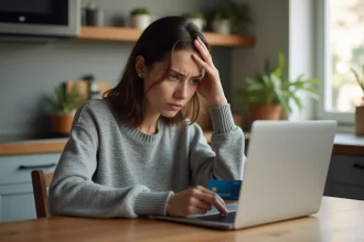 Femme frustrée devant son ordinateur portable tenant une carte bancaire en cherchant comment se désabonner d'Amazon Prime