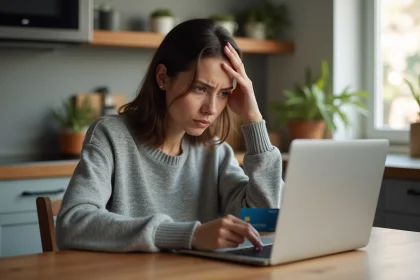 Femme frustrée devant son ordinateur portable tenant une carte bancaire en cherchant comment se désabonner d'Amazon Prime
