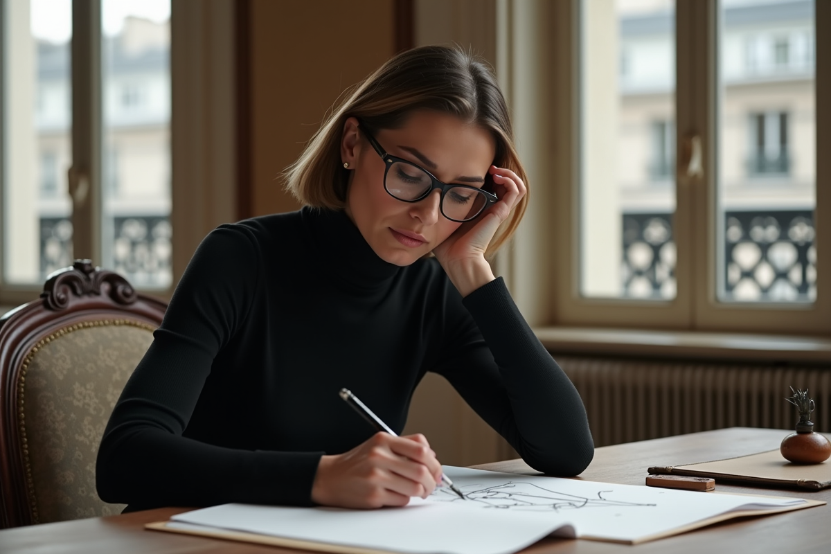 Femme designer en train de dessiner dans un appartement parisien