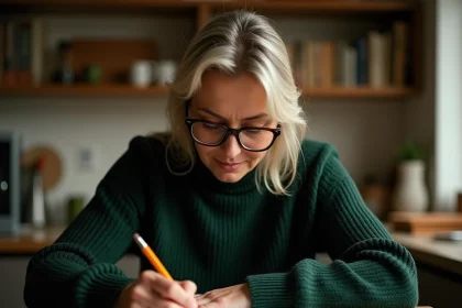 Femme concentrée résolvant une devinette difficile et logique à la maison le soir, remplaçant son sudoku habituel