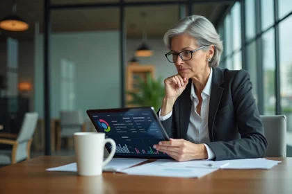 Femme d'affaires regardant un tableau digital sur énergie et carbone