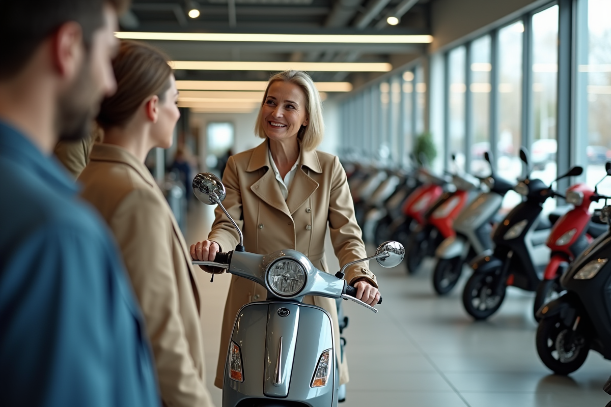 Femme en trench coat discutant scooter en concession
