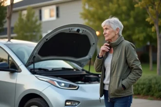 Femme examine le capot d'une voiture électrique dans une allée résidentielle