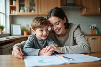 Femme et enfant souriants tenant des documents familiaux