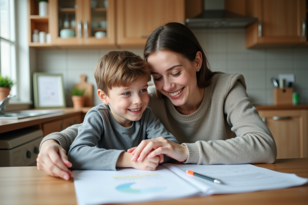 Femme et enfant souriants tenant des documents familiaux