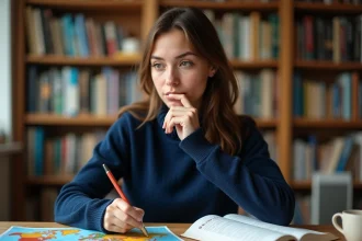 Jeune femme étudiant une liste de pays commençant par F sur des cartes géographiques posées sur un bureau en bois