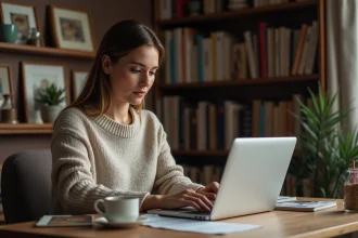 Femme gérant ses enchères en ligne sur Delcampe depuis son bureau à domicile