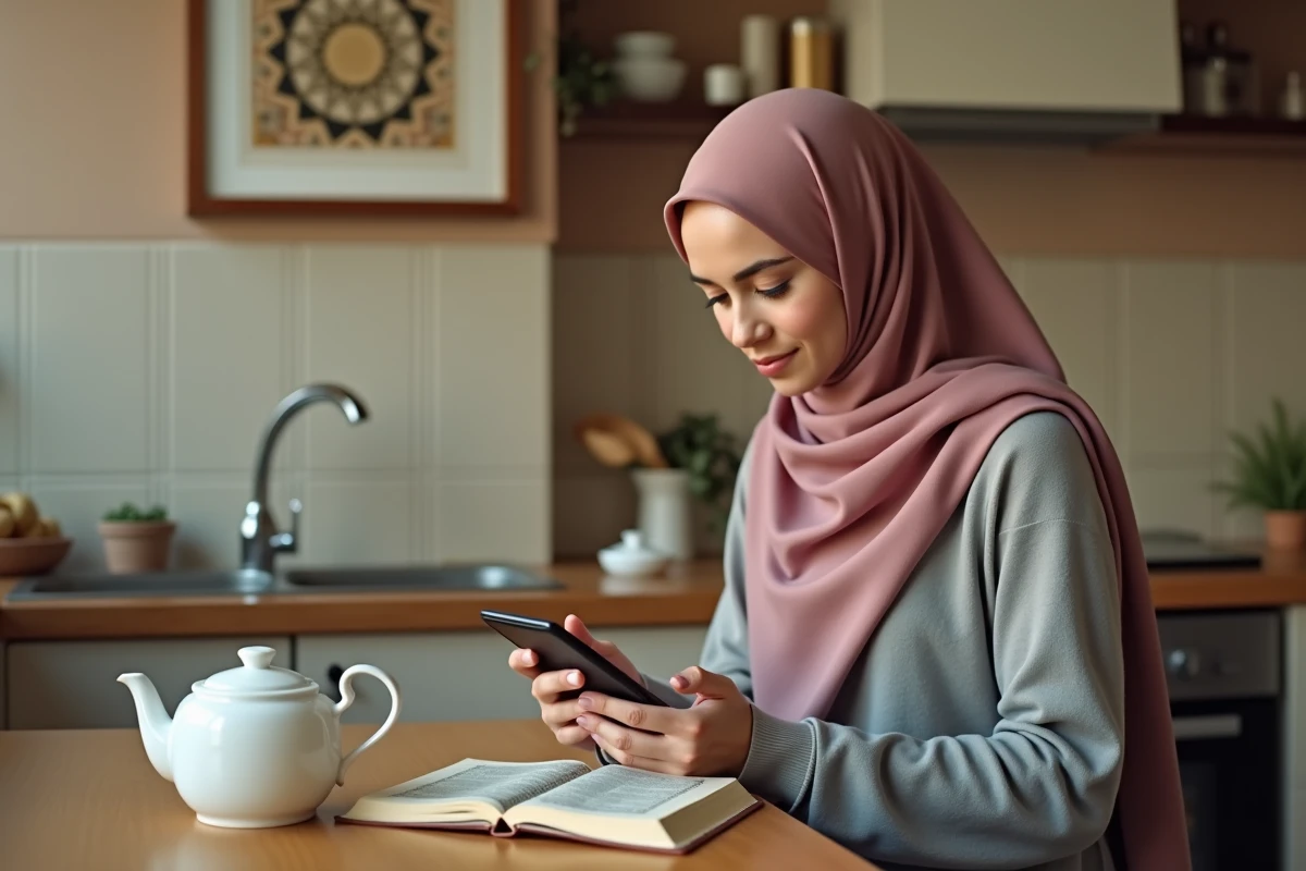 Jeune femme musulmane consultant les horaires de prière sur son téléphone dans une cuisine à Vénissieux