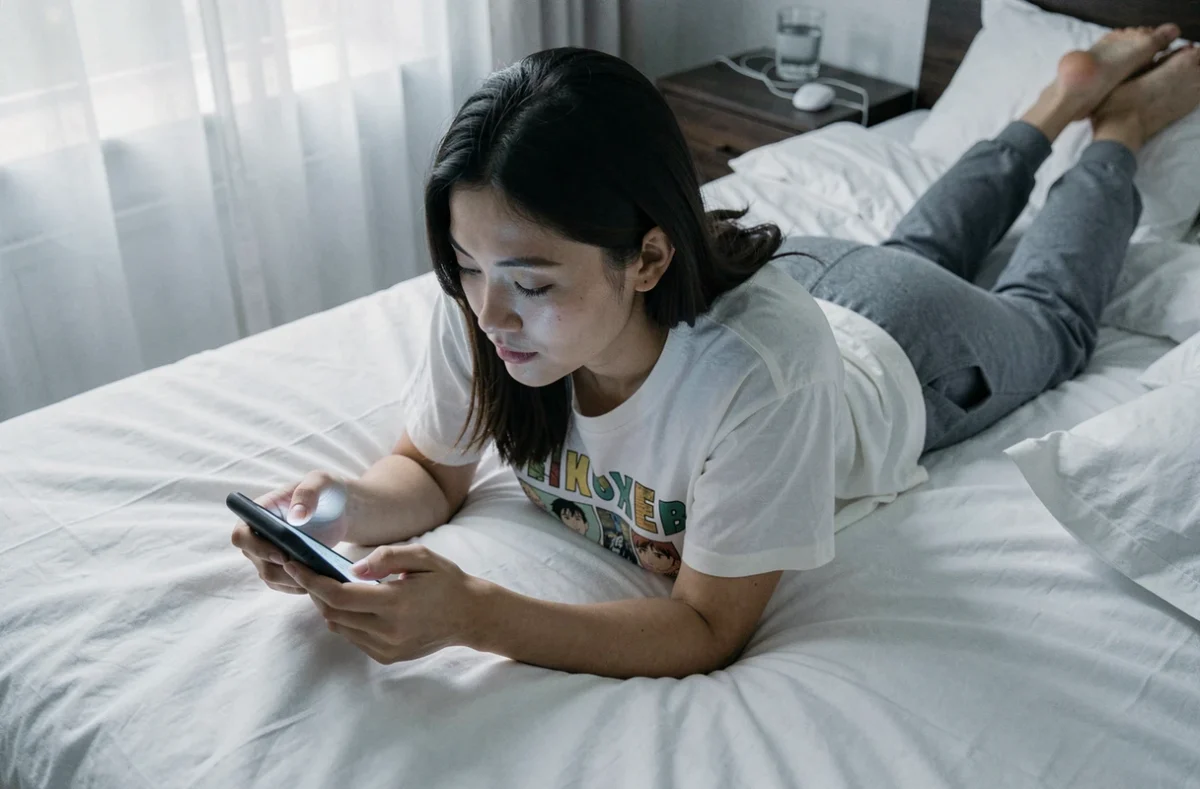 Jeune femme lisant des chapitres de manga sur smartphone allongée sur son lit dans une ambiance détendue