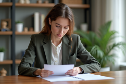 Femme en blazer examinant des documents de prêt immobilier