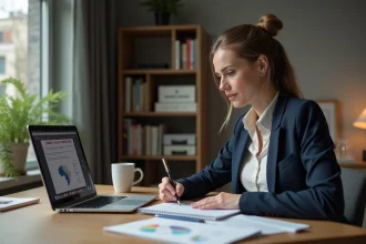 Femme lisant un article sur le climat dans un bureau cosy