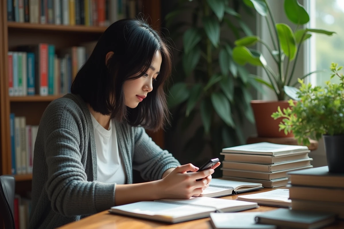Femme lisant sur son smartphone dans un bureau