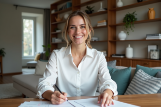 Femme souriante examinant des documents de location