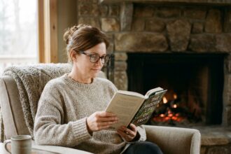 Femme d'une cinquantaine d'années lisant un livre au coin du feu avec des lunettes de lecture à monture écaille dans un salon rustique