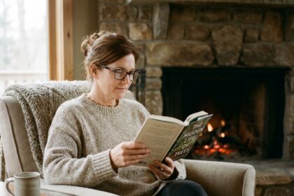 Femme d'une cinquantaine d'années lisant un livre au coin du feu avec des lunettes de lecture à monture écaille dans un salon rustique