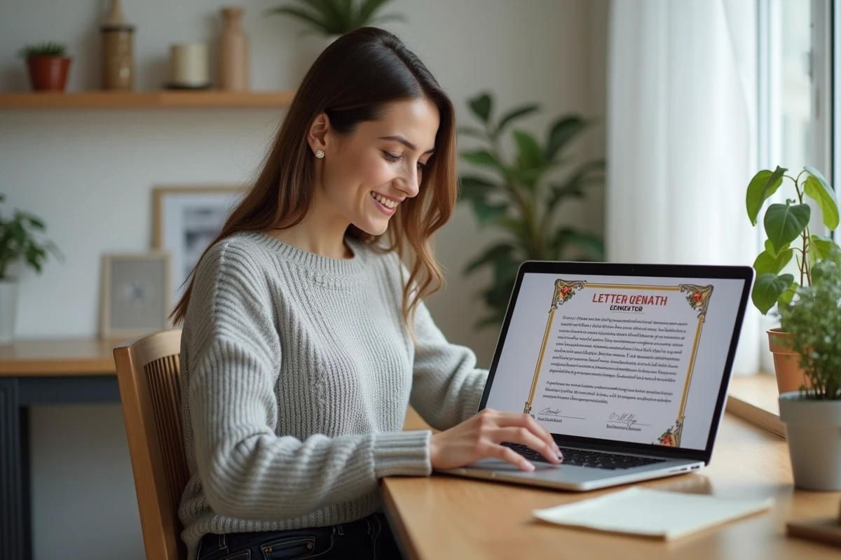 Femme moderne utilisant un générateur de lettres napoléoniennes sur un ordinateur portable dans un bureau à domicile