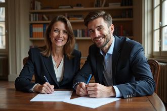 Femme d'âge moyen et jeune homme en tenue chic dans un appartement parisien