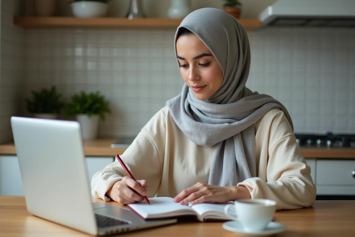 Femme musulmane notant les horaires de prière quotidiens dans un agenda à Le Blanc-Mesnil