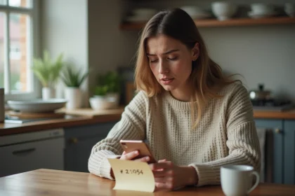 Femme assise à la cuisine examine une note manuscrite
