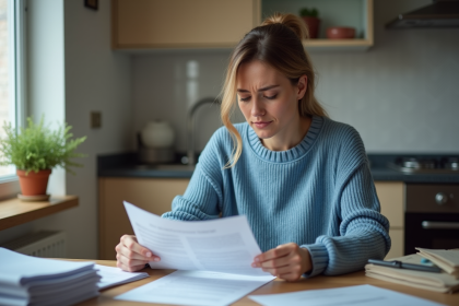 Femme regardant un avis officiel dans sa cuisine