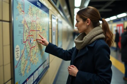 Jeune femme regardant une carte du metro de Paris