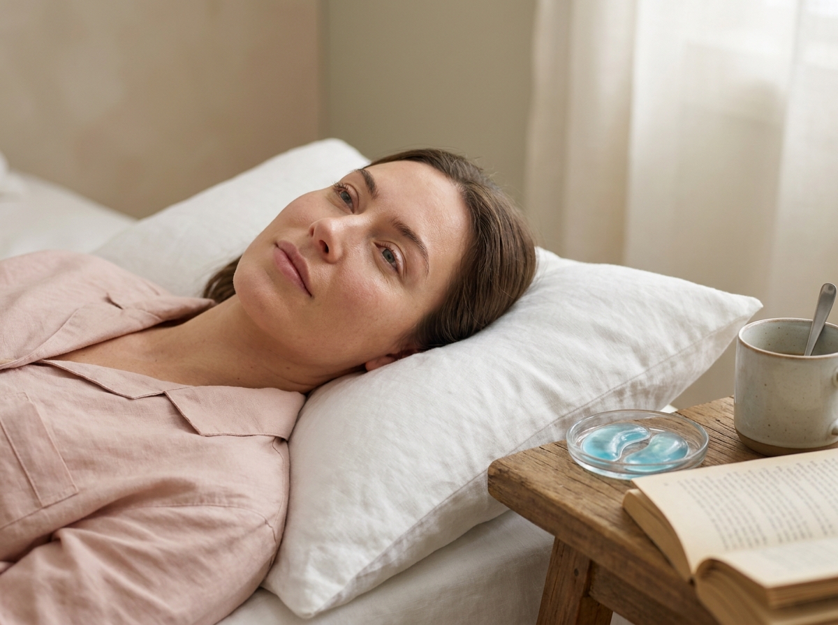 Jeune femme allongée aux paupières légères avec des patches yeux rafraîchissants sur la table de nuit