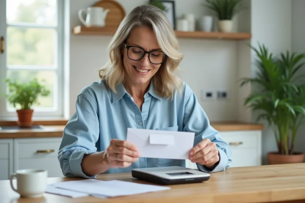 Femme pesant une enveloppe dans une cuisine lumineuse