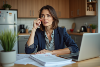 Femme en blazer examine documents de mortgage à la maison
