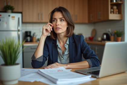 Femme en blazer examine documents de mortgage à la maison