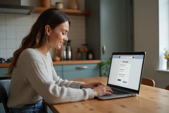 Femme assise à la maison naviguant sur un ordinateur portable
