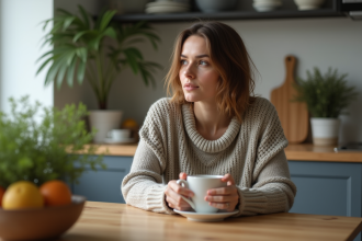 Femme pensive dans une cuisine chaleureuse et moderne