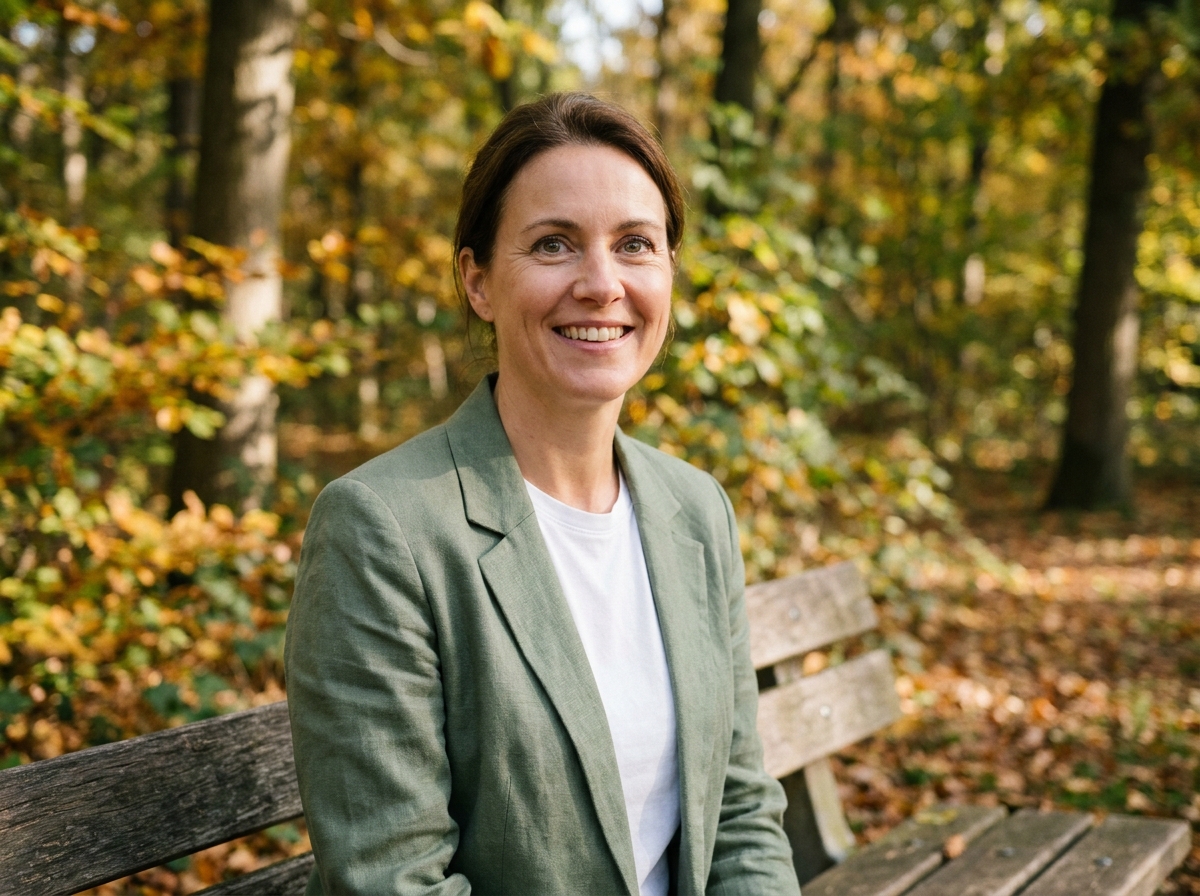 Femme aux yeux reposés et ouverts assise sur un banc dans un parc en automne