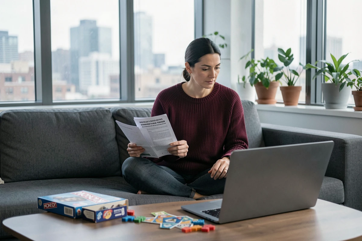 Femme consultant un guide de règles Monopoly avec un ordinateur portable et des pièces de jeu posés devant elle dans un appartement moderne