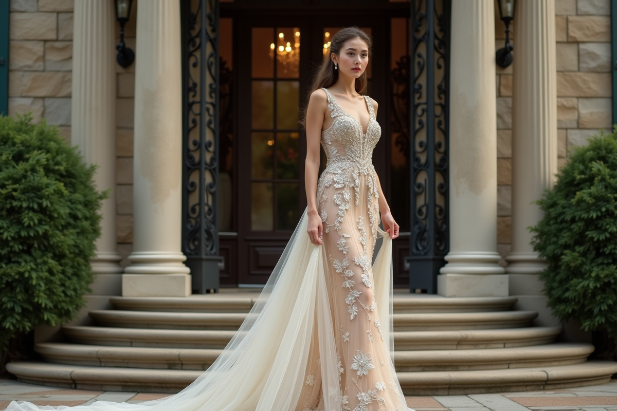 Femme en robe de soirée devant un manoir historique