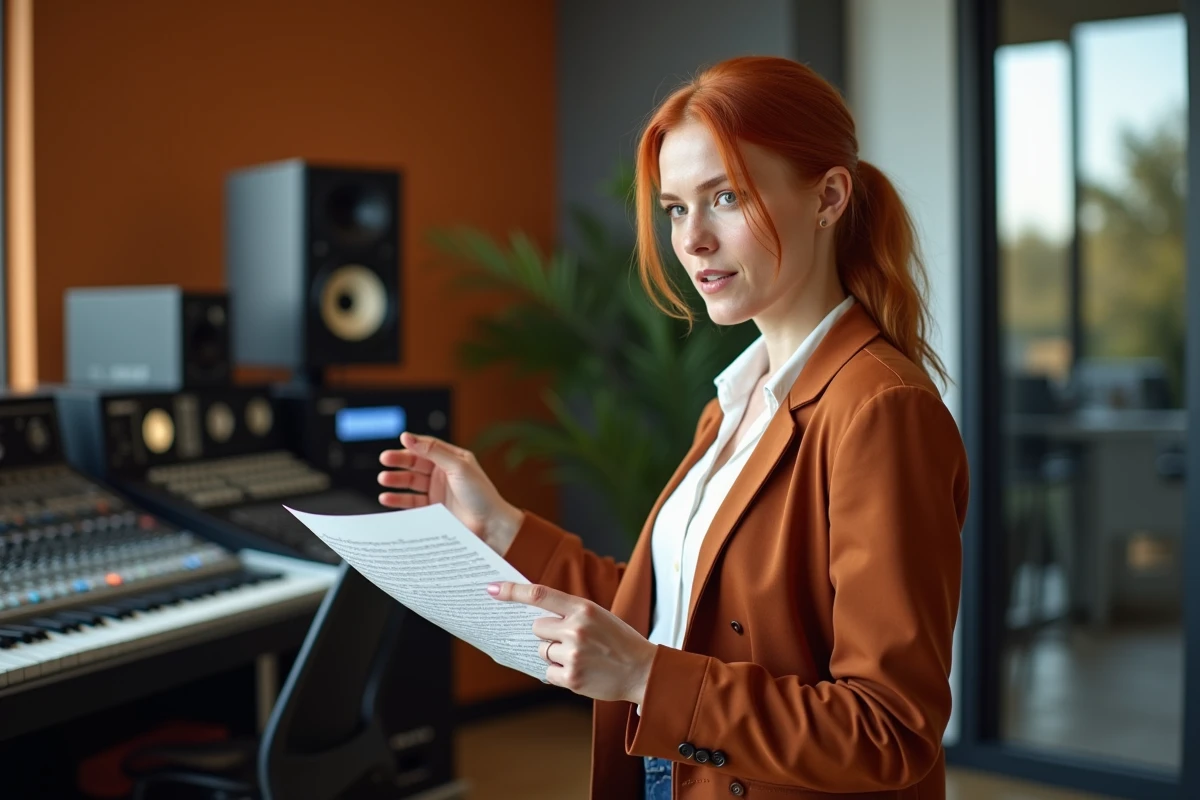 Femme rousse productrice musicale affirmant sa créativité dans un studio d'enregistrement professionnel