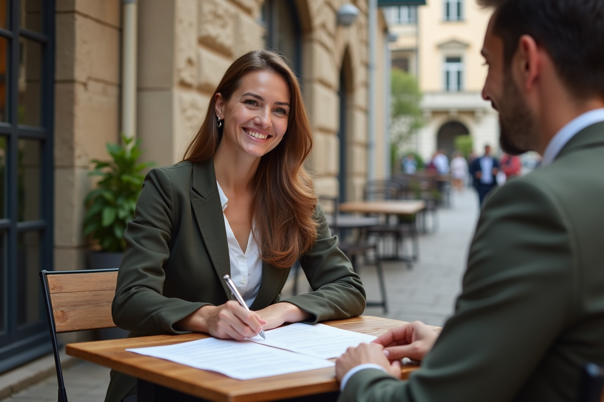 Jeune femme signe des documents avec un agent immobilier en extérieur