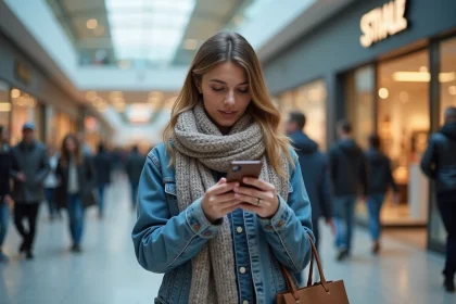 Femme en denim vérifiant son smartphone devant un centre commercial