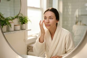 Femme appliquant une crème contour des yeux devant un miroir de salle de bain en marbre blanc