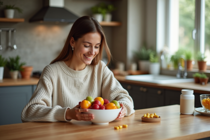 Femme souriante préparant un bol de fruits frais et vitamines