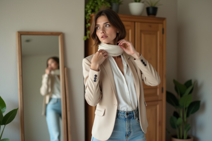 Femme élégante ajustant son foulard dans la chambre