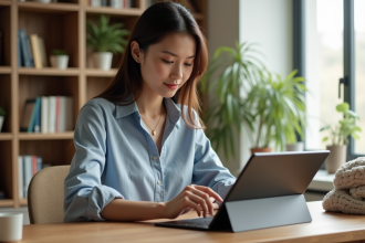 Jeune femme utilisant deux tablettes Windows dans un bureau lumineux